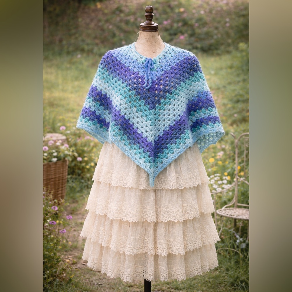 Vintage Boho Blue Knit Poncho - Picture 1 of 6